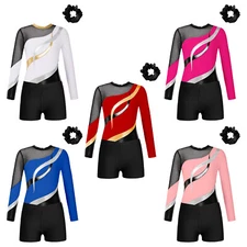 Kids Girls Rompers Ballet Bodysuit Hair Band Set Sparkly Jumpsuit And Bottoms