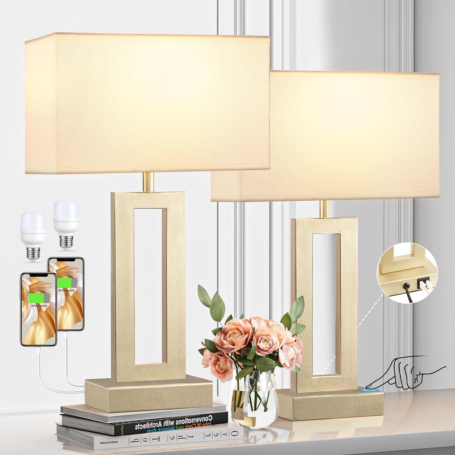 Bedroom Table Lamps Set of 2 - Touch Bedside Lamps with USB C+A, 3 Way
