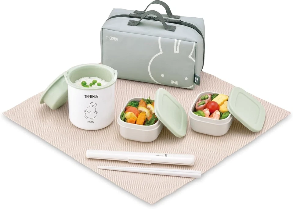 THERMOS Miffy Thermal Lunch Box Set Chopsticks & Pouch Set Light Green NEW JAPAN - Image 2 of 4