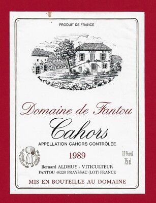 S34 Etikett CAHORS 1989 Domaine de FANTOU Bernard ALDHUY, Weinberg. 46 PRAYSSAC