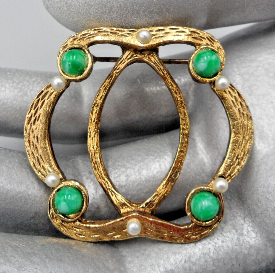 Victorian Revival Brooch Faux Seed Pearl Fake Gemstone Cabochons Marquise Vtg-image