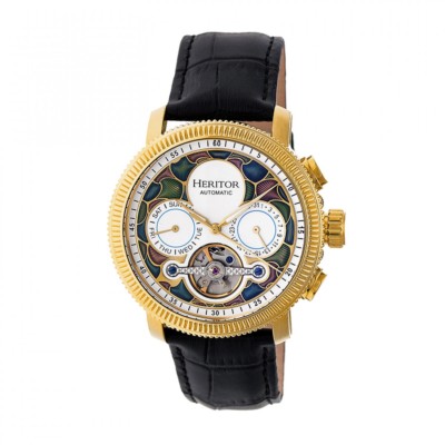 Heritor Automatic Aura Men's Semi-Skeleton Leather Gold Watch - White HR3505