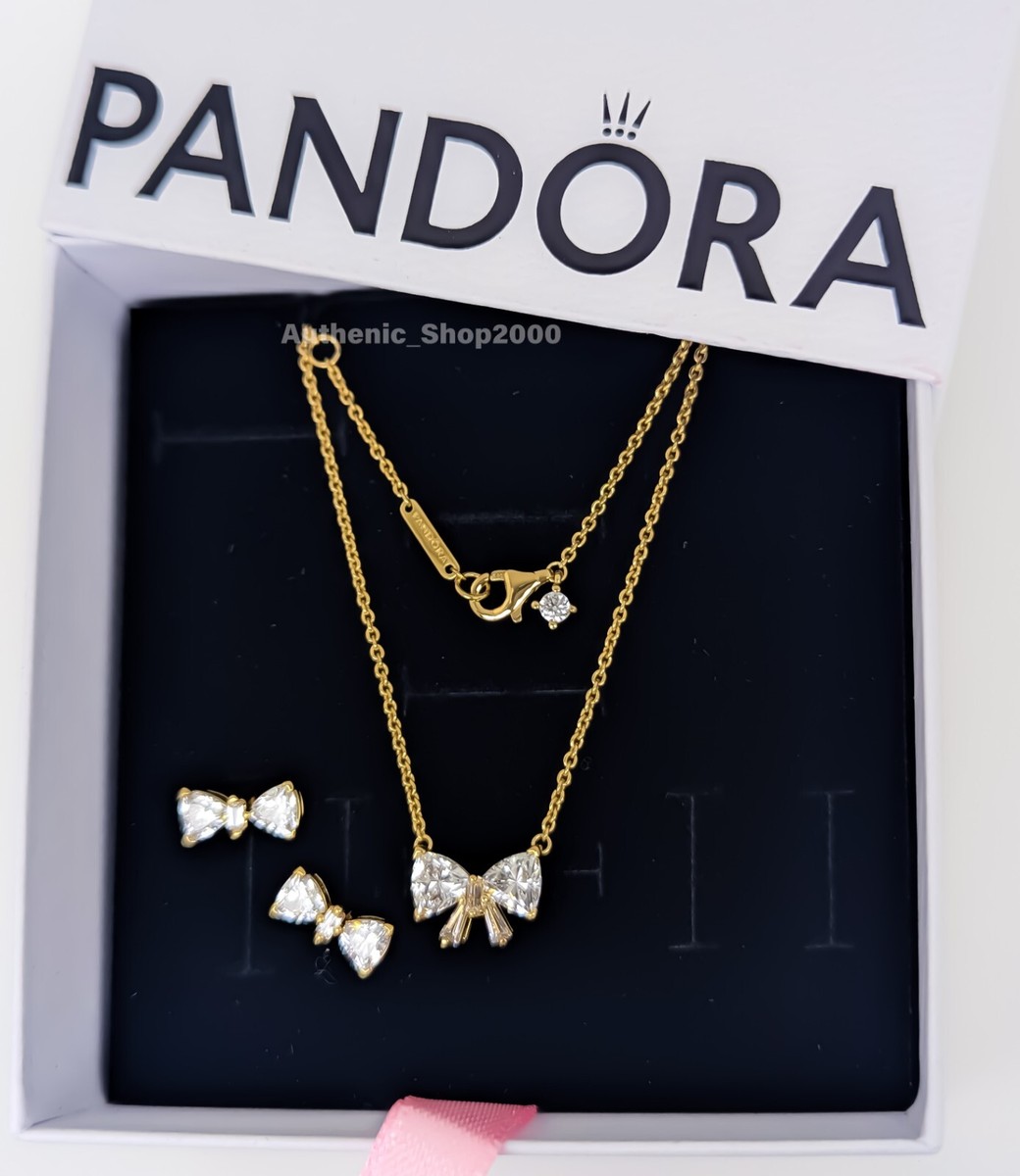 New 100% PANDORA 14K P Sparkling Bow Stud Earrings Necklace