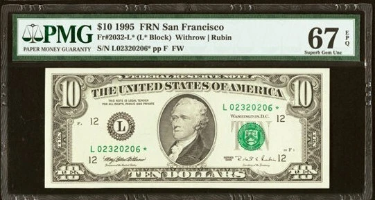 1995 $10 Federal Reserve Note San Francisco Fr#2031-A PMG GEM UNC 67 EPQ STAR - Image 2 of 2