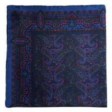 Navy Blue  Pink Paisley Ancient Madder Silk Pocket Square Hand-Rolled 