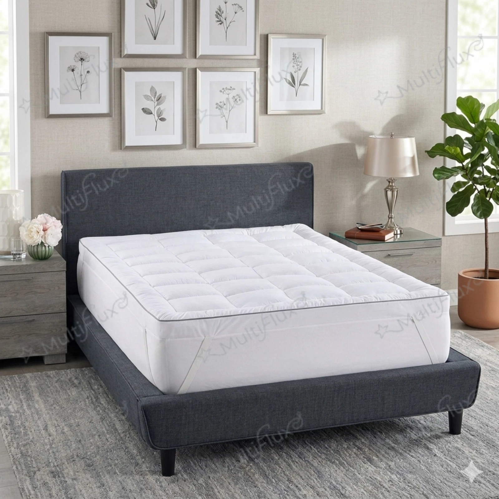 Mattress Topper 10cm 4" Thick Ball Fibre Grey Piping Elastic Strap Hotel Quality