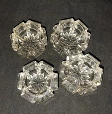 4 Plain Block Motif Open Salt Cut Glass 6 Sections Rayed Bottom Antique