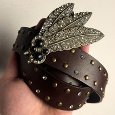Vintage Studded Leather Belt Feather Rhinestone Buckle Western Y2K Style