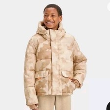 NWTS Boys All in Motion Tan Camo Print Short Puffer FLEECE Jacket Hood XS 4/5