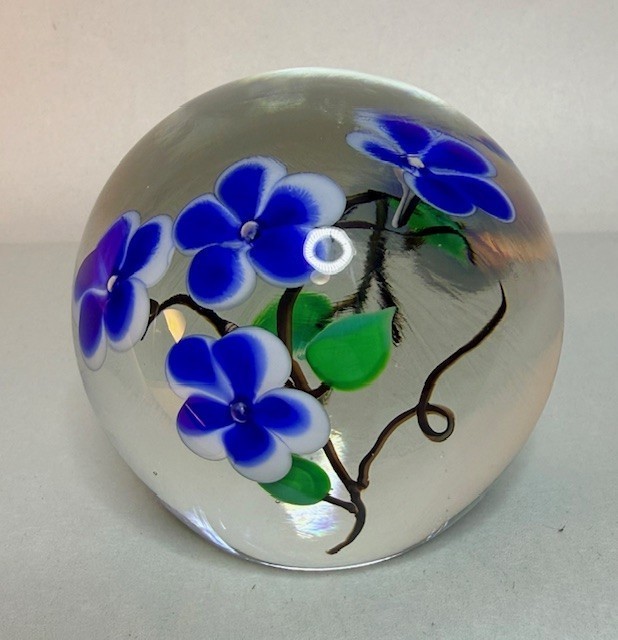 Glass Eye Studio Paperweight Art Glass Blue Pansy Flower 526 Hand Signed 1985