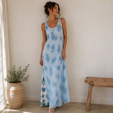 VTG Express Slip Maxi Dress S Blue White Floral Sheer Layered Fairy Cottagecore 