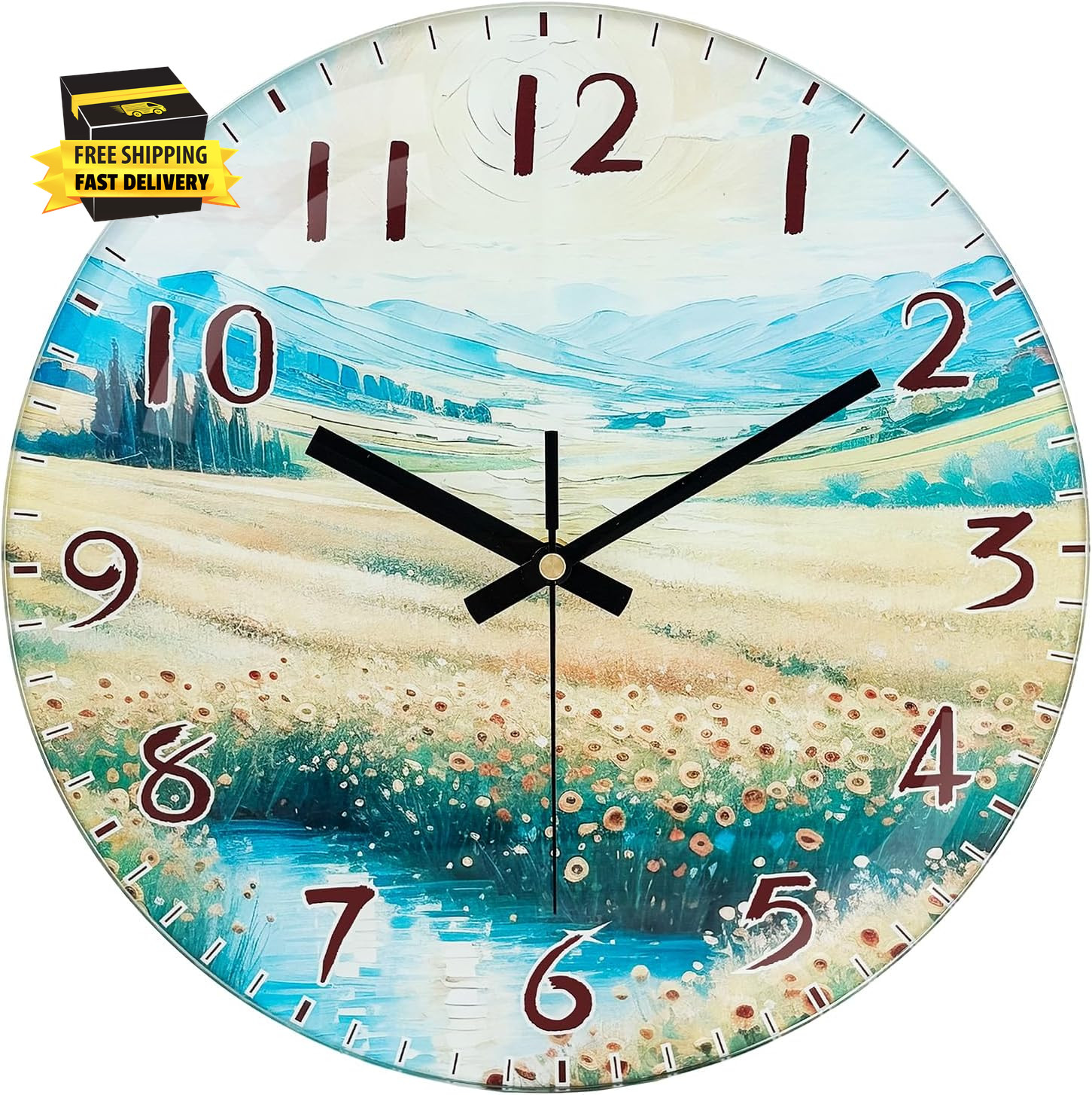 Battery Operated Wall Clock, 8 Inch Exclusive Flower & Mountain Glass Design Ana