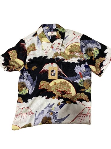 Hanatabi SCRIPT Hawaiian Shirt Japan Silk 100% Pine Fuji Tengu S Used
