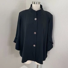 Ming Wang Womens Plus 1X Black Button Up Jacket Mock Neck Lagenlook