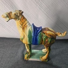 Tang Dynasty Style Ceramic Majolica Drip Glaze War Horse Figurine Vintage Statue