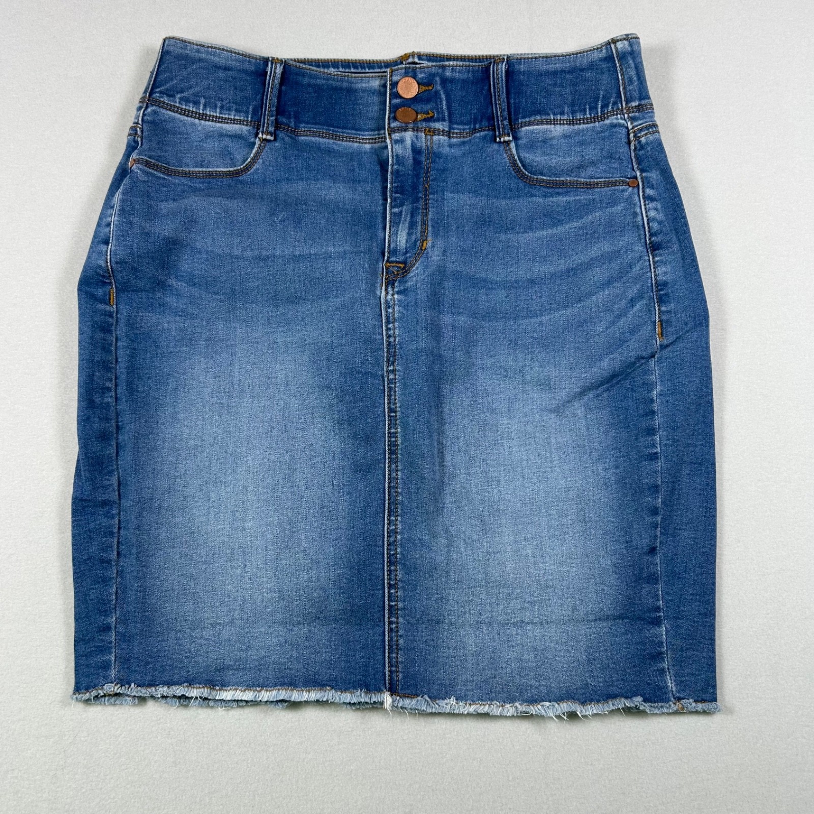 Apt 9 Women’s Denim Skirt Size 10 Blue Stretch Jean Pencil Midi Frayed Hem