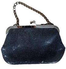 Express Black Purse Evening Bag Clutch Chain Handle Sparkles Kiss-Lock Clasp