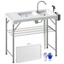 Outsunny Folding Fish Cleaning Table Camping Sink Table with Faucet, White
