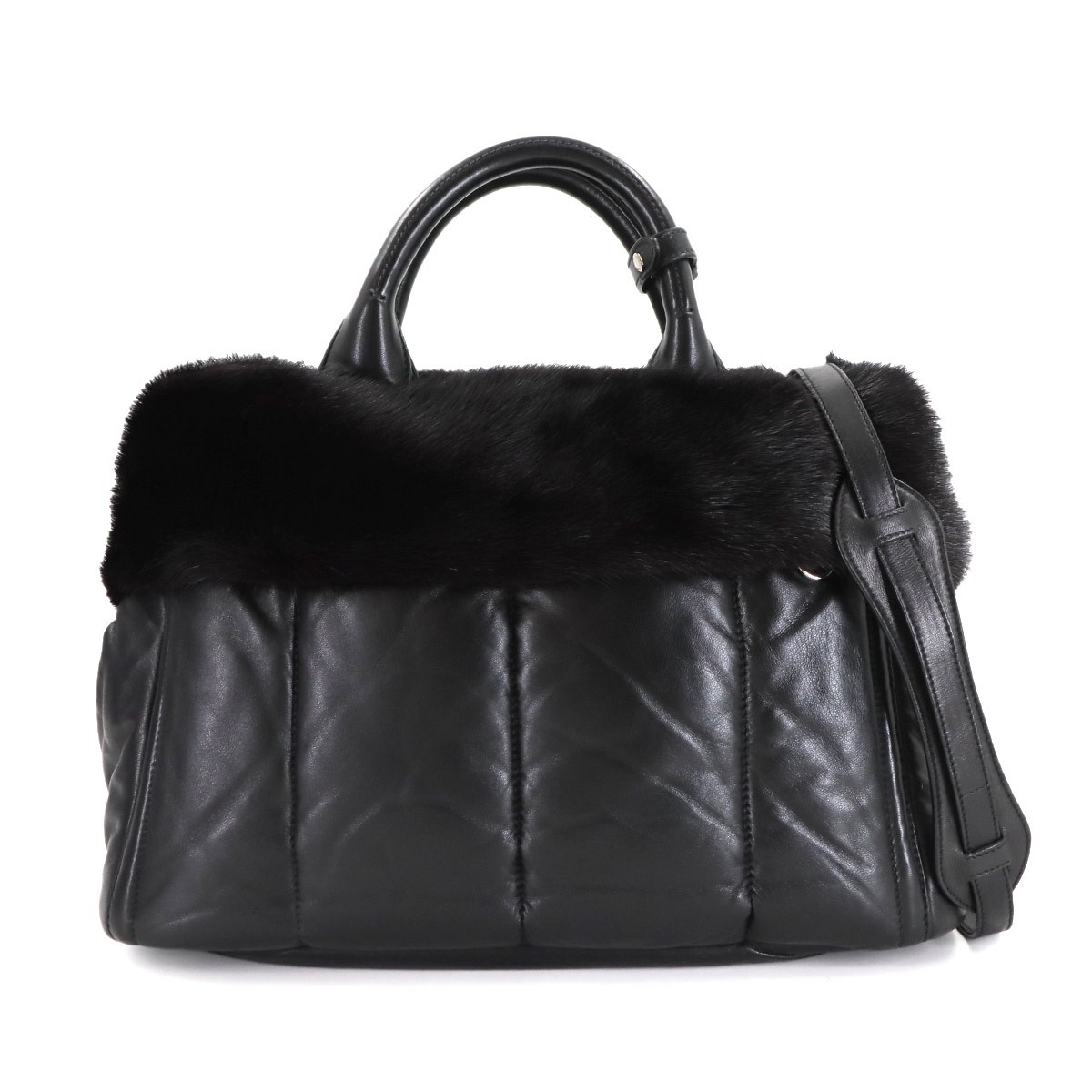 PRADA 2way Tote Shoulder Bag Leather Fur Black Purse 90281999 | eBay