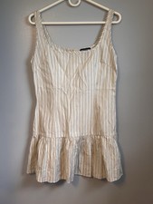 PrettyLittleThing Cream and Beige Striped Ruffle-Hem Tank Dress. Sz Lg. NWOT
