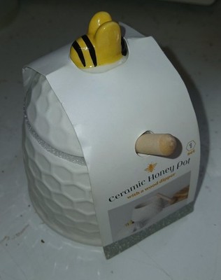 Bee Hive Honey Pot with Wood Dipper New Classic Enterprises Ceramic 4 1/2'' New