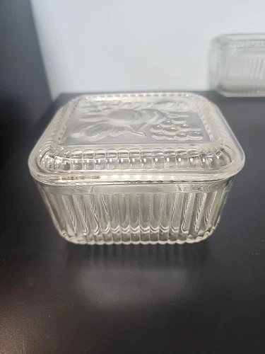 VTG Federal Refrigerator Dish Glass Dish w/ Lid Embossed Fruit 2.5” X 4.25” X 5"