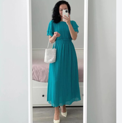 New Zara Women midi Short Sleeve Pleated Dress Turquoise Size XS NWT