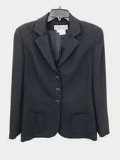 Carlisle Blazer Womens 12 Black Wool Three Button Jacket Career Lined Pockets