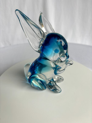 Murano Art Glass Bunny Rabbit Figurine, Aqua Clear, 5 3/4'' in tall  