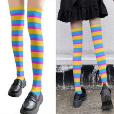 Women Sophisticated Long Socks Carnivals Rainbow Striped Thigh High Stockings
