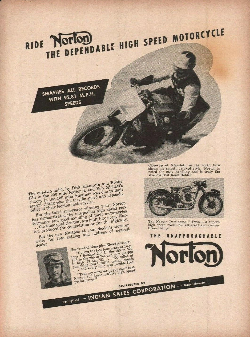 Image 1 - 1951 Dick Klamfoth / Norton - Vintage Motorcycle Ad
