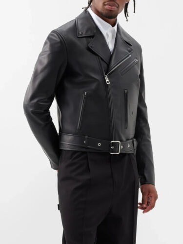 Men's Genuine Soft Lambskin Real Leather Jacket Black Designer Collar Belt Coat - Picture 1 of 4