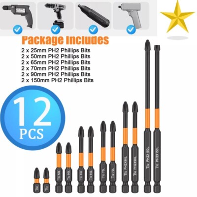 12Pcs PH2 Impact Driver Bit Set Magnetic Phillips Screwdriver Drill Bits Tool