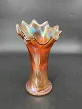 Carnival Marigold Swung Glass Thumbprint Vase Has Small Imperfection In Glass 9”
