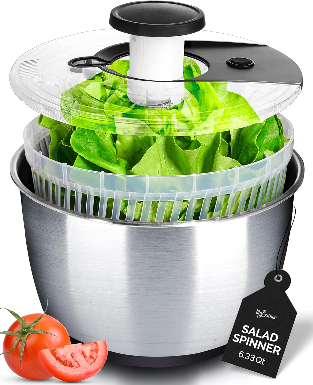 Stainless Steel Pump Salad Spinner Large - Easy Compact Kitchen Tool - Stainless