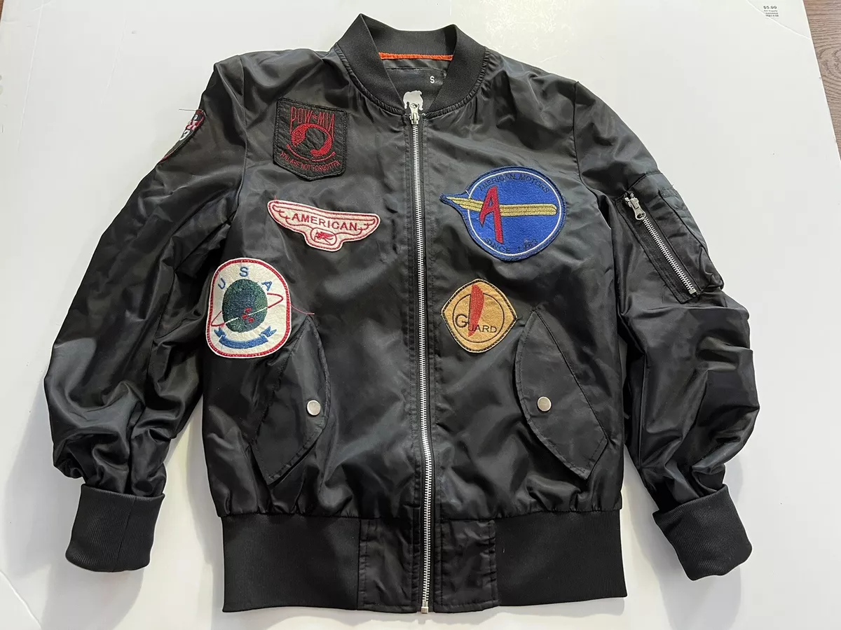 American Stitch Mens Brown Bomber Jacket S Patches All Over POW MIA Flight Zip