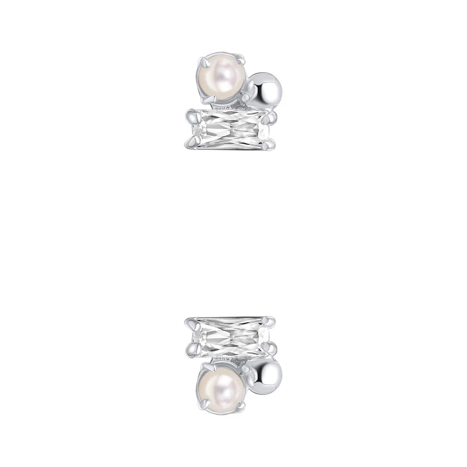 Baguette Perla E Zircone Bottone Orecchini Argento Sterling 925 Marchiato Nuovo - Immagine 2 di 3