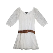 Heart Soul Women's M White Lace Dress w/ Braided Faux Leather Belt Boho Country