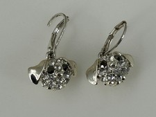 Rhinestone Puppy Dog Head Dangle Earrings Womens Silver Tone Sparkle 1" Drop