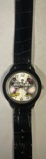 Vtg Disney Mickey  Minnie Watch W/Black Reptile-Embossed Strap Works