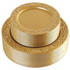 I00000 102 PCS Brown Gold Plastic Plates, Lace Design Disposable Plates, BPA ...