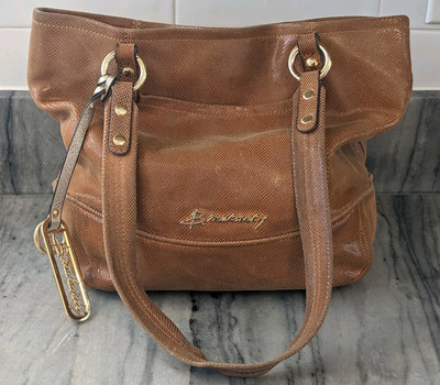 B. Makowsky Cognac/ Carmel Brown Shiny Snakeskin Embossed  Leather Shoulder Bag