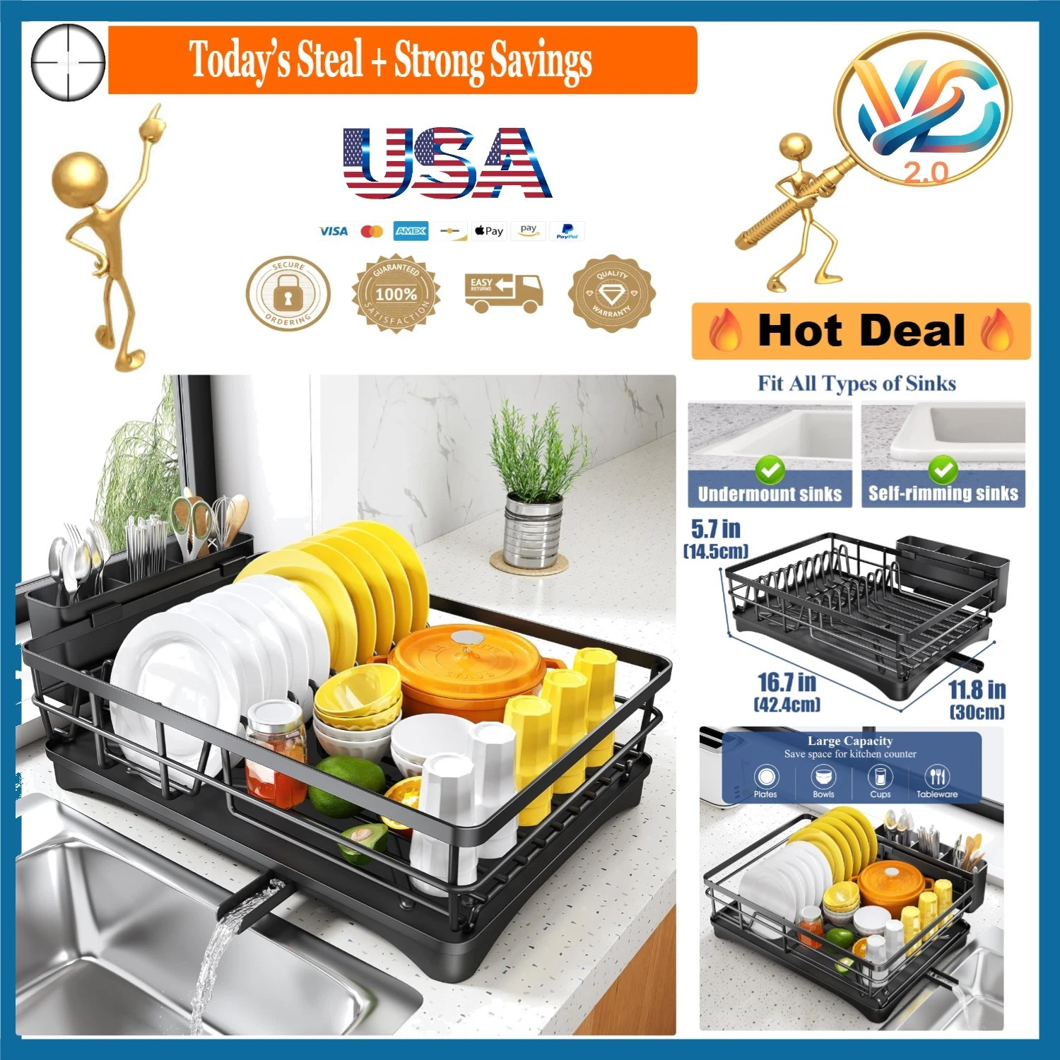 Large Black Stainless Steel Dish Drying Rack with Drainboard and Utensil Holder