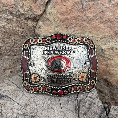 Cowboy Trophy Rodeo Style Belt Buckle with barrel champion