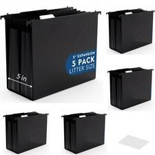 5 Pcs Plastic Extra Capacity Hanging File Folders, 5 Inch Expanding Pocket wi...