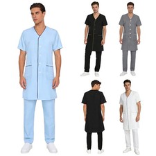 Herren Kurzarm Arbeitskittel Arztkittel Button Down V-Ausschnitt Mantel Uniform
