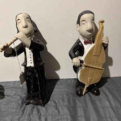 Unique Set Of Ceramic Musicians Cello Player And Flutist