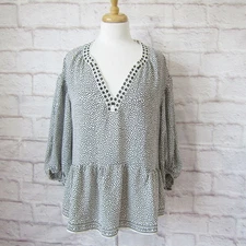 MAX STUDIO Polka dot Dramatic Trim V-neck Boho Ballon Sleeve Tunic Top size M