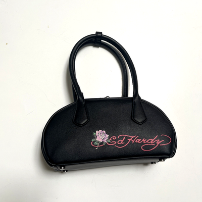 Ed Hardy Mini Dome Shoulder Bag Rhinestone Skull Zipper Black Y2K