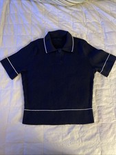 Sweater Pullover Womens Medium Navy Blue White Short Sleeve Collared Stretch